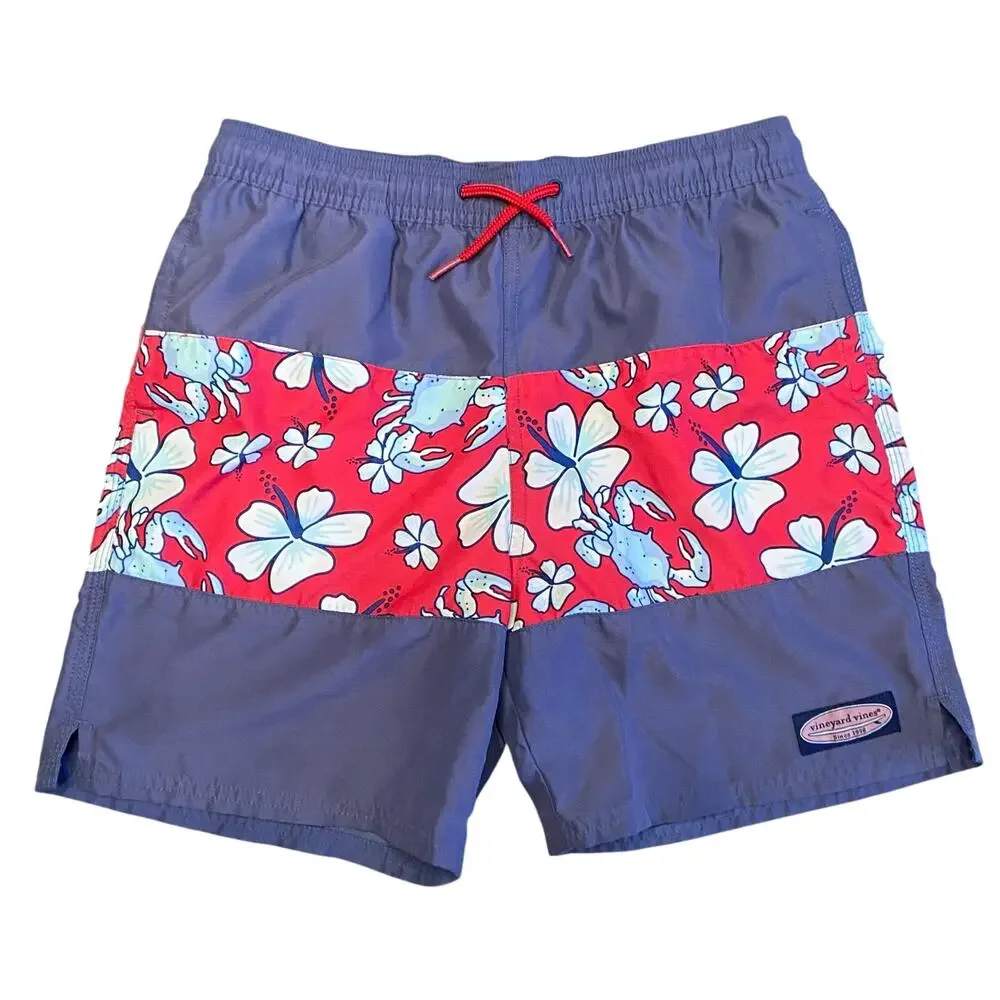 Vineyard Vines Swim Trunks Boy Sz M Blue Mesh Lined Pockets Crab Print